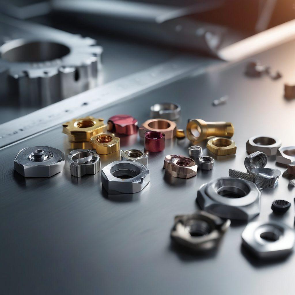 A close-up view of various innovative fasteners, displaying cutting-edge designs and materials, arranged artistically on a sleek metal surface. In the background, subtle industrial machinery can be faintly seen, hinting at their application in reliable solutions. Soft lighting casts shadows that accentuate the fasteners' details. The color scheme should be modern and professional, with a focus on metallic tones and textures. 3D rendering. vibrant colors.